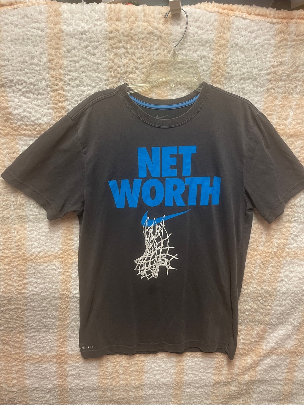 Nike Dri-Fit Size Small Charcoal Tee with Bright Blue "NET WORTH" Graphic